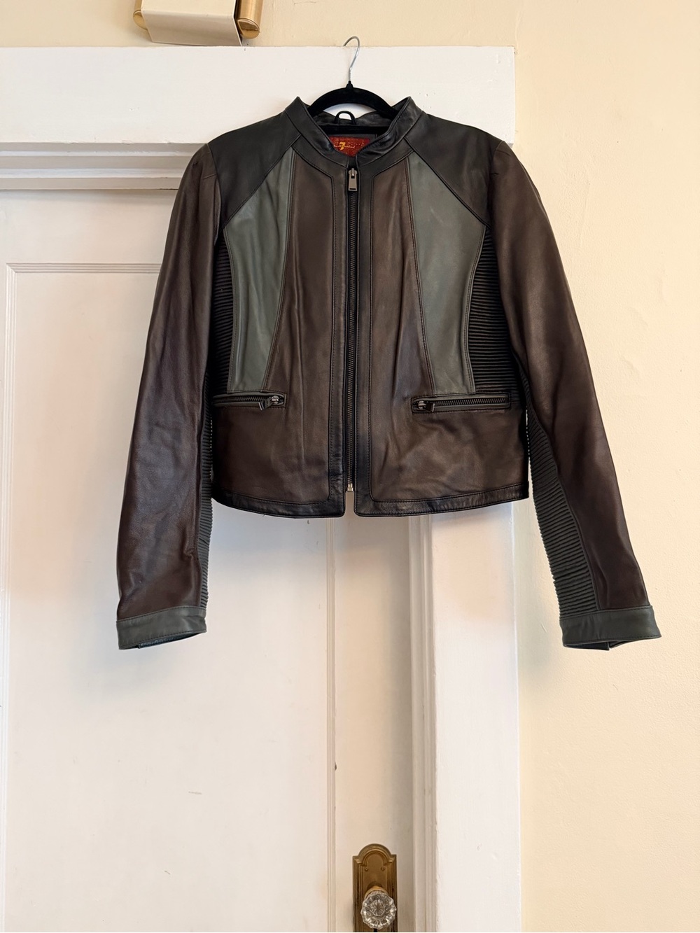 7 For All Mankind Black Gray Colorblock Genuine Leather Moto Jacket L